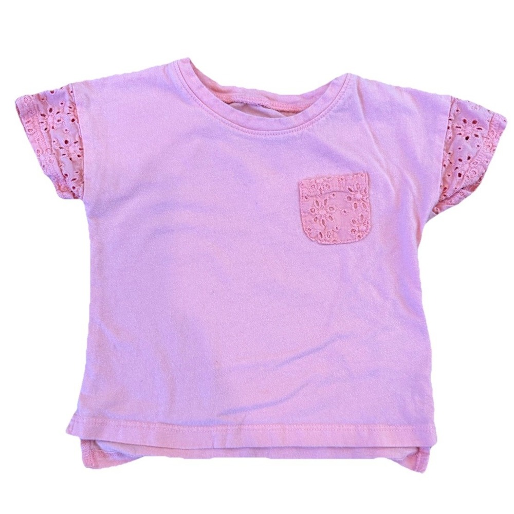 Genuine OshKosh B'gosh Pink Floral Eyelet Sleeve Pocket TShirt Toddler Girls 12M
